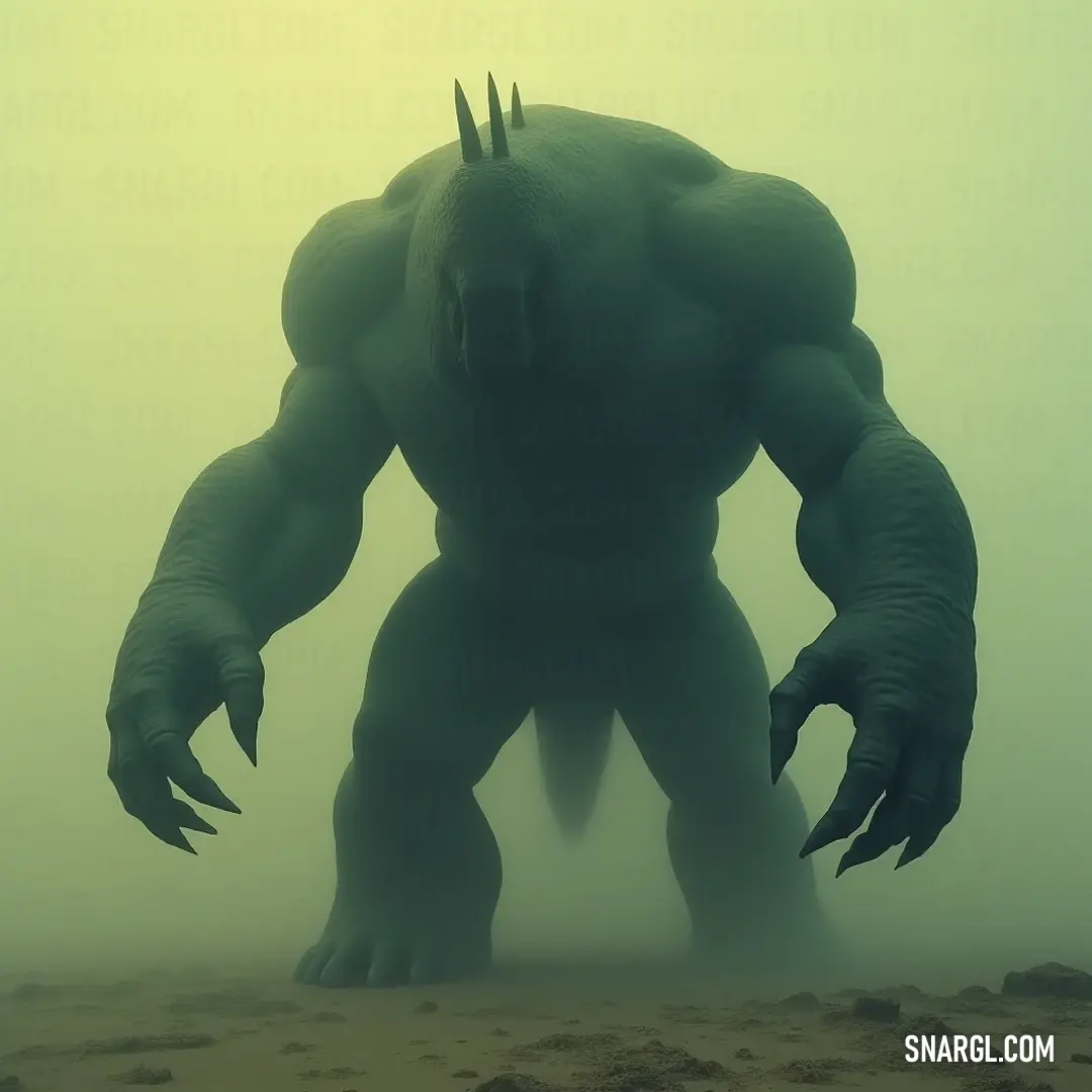 Majestic Giant Obsidian Golem in Misty Landscape The Giant Obsidian Golem, with its imposing horns and menacing claws, emerges through a dense fog. Its mouth hangs open as if in mid-roar, crafting an image steeped in mystery and wild power amidst the hazy ground.