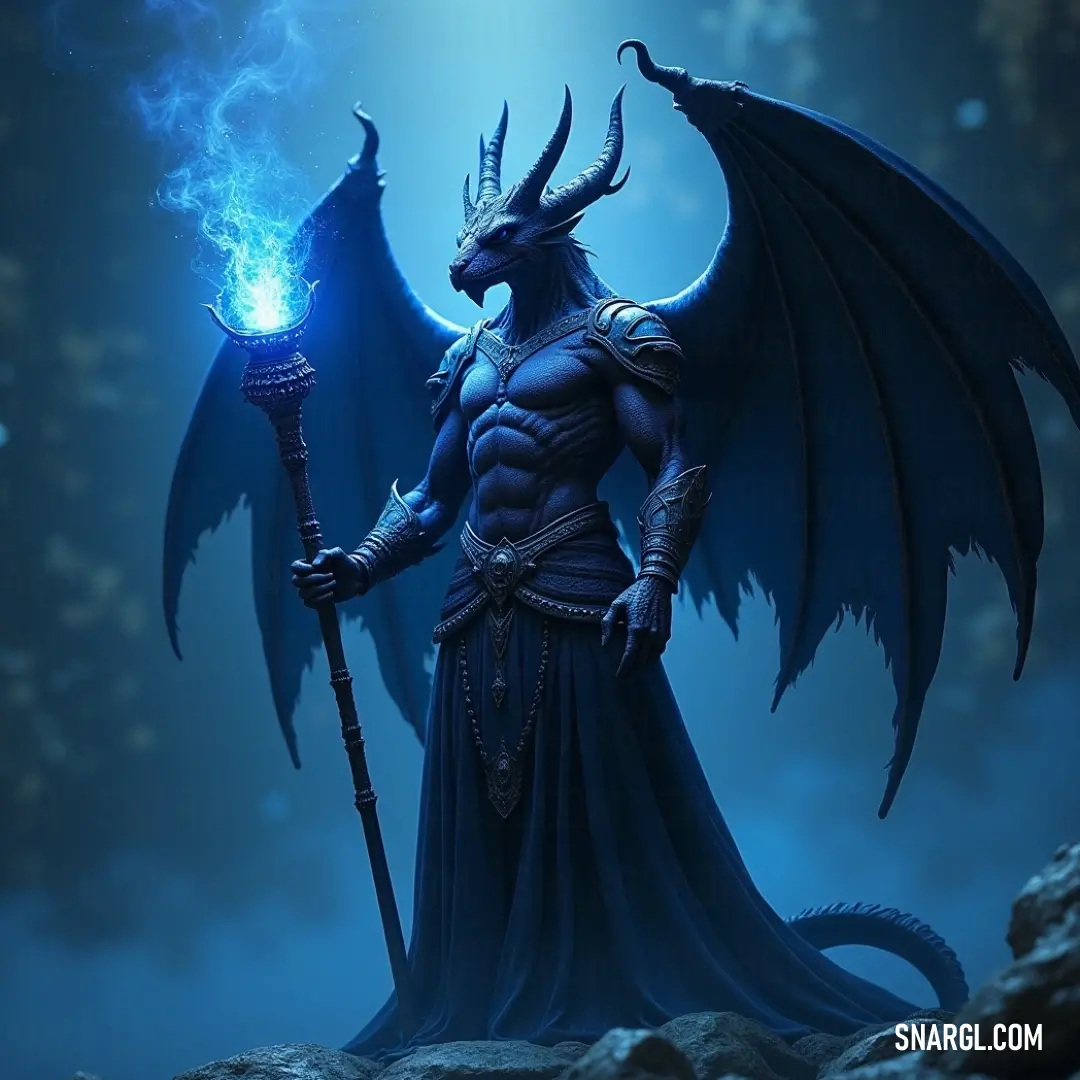 The Male Obsidian Guardian, radiant and powerful, stands poised upon a rock, an emblem of strength and magic in an enchanting darkened landscape. The Male Obsidian Guardian commands attention, holding a radiant staff that glows with mystic energy while precariously perched on a rocky outcrop, encapsulated by darkness, embodying strength, vigilance, and an aura of untamed magic.