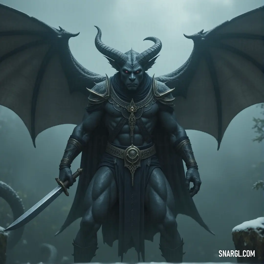 Demonic Obsidian Sentinel in full armor, holding a sword, standing in a snow-covered landscape. A Demonic Obsidian Sentinel clad in heavy armor, its sword held firmly in hand. The stark, cold snow surrounds it, and the pale sky above adds an eerie atmosphere to its imposing figure.