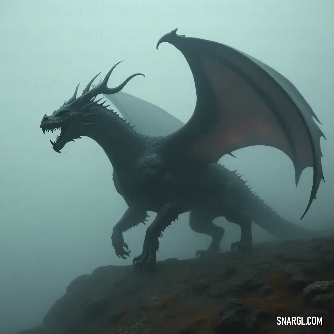 A mighty obsidian figure stands atop a rock, its wings spread wide and its head bowed in a dramatic pose. The misty sky shrouds the figure, adding an aura of mystery and strength to its already imposing presence.