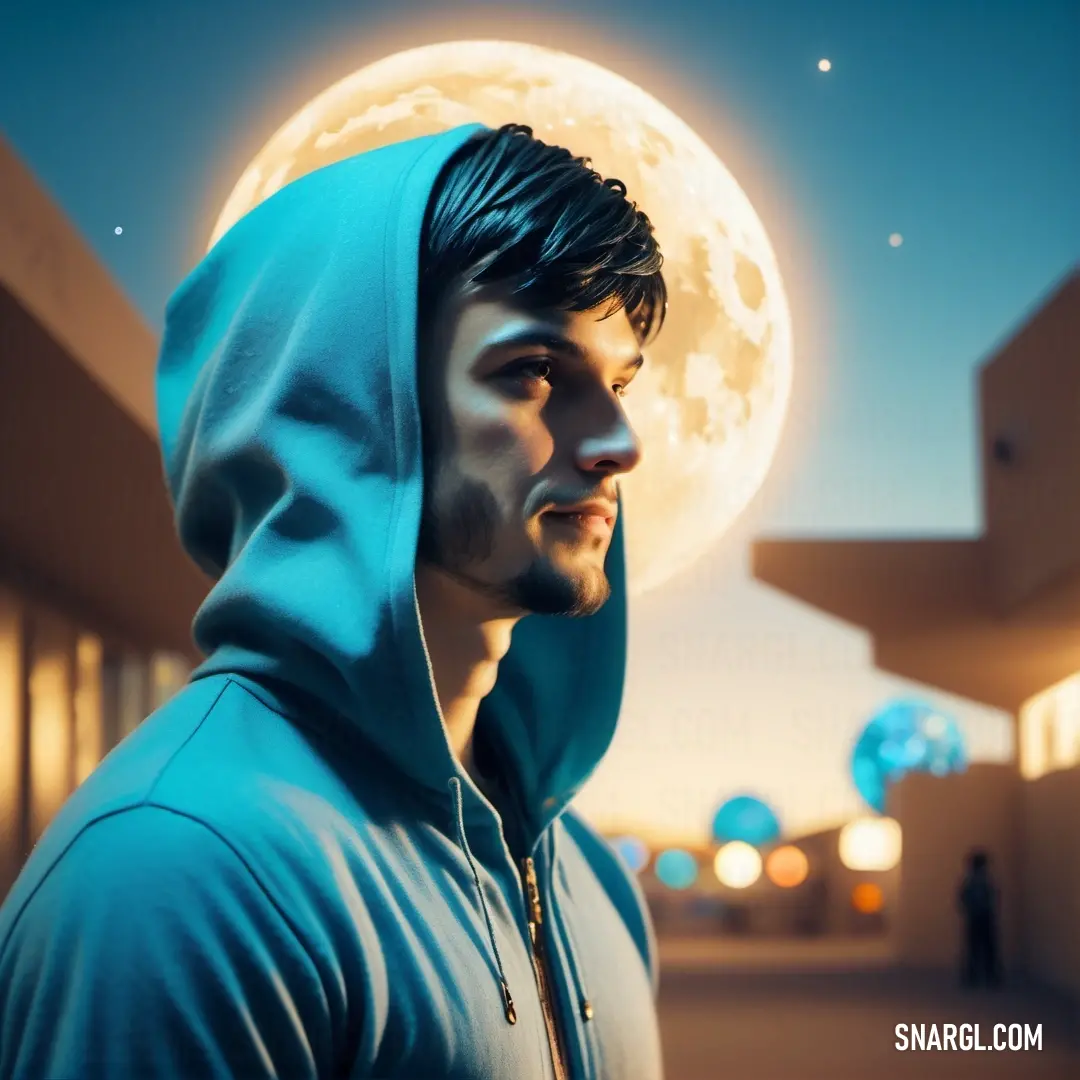 Man in a hoodie is standing in front of a full moon with a building in the background. Color #0077BE.