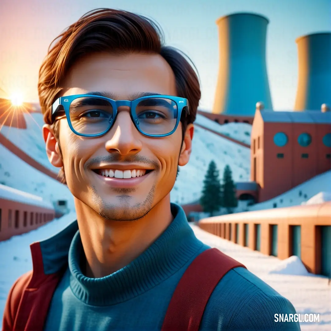 Man with glasses and a sweater in front of a factory with cooling towers and snow on the ground. Example of #0077BE color.