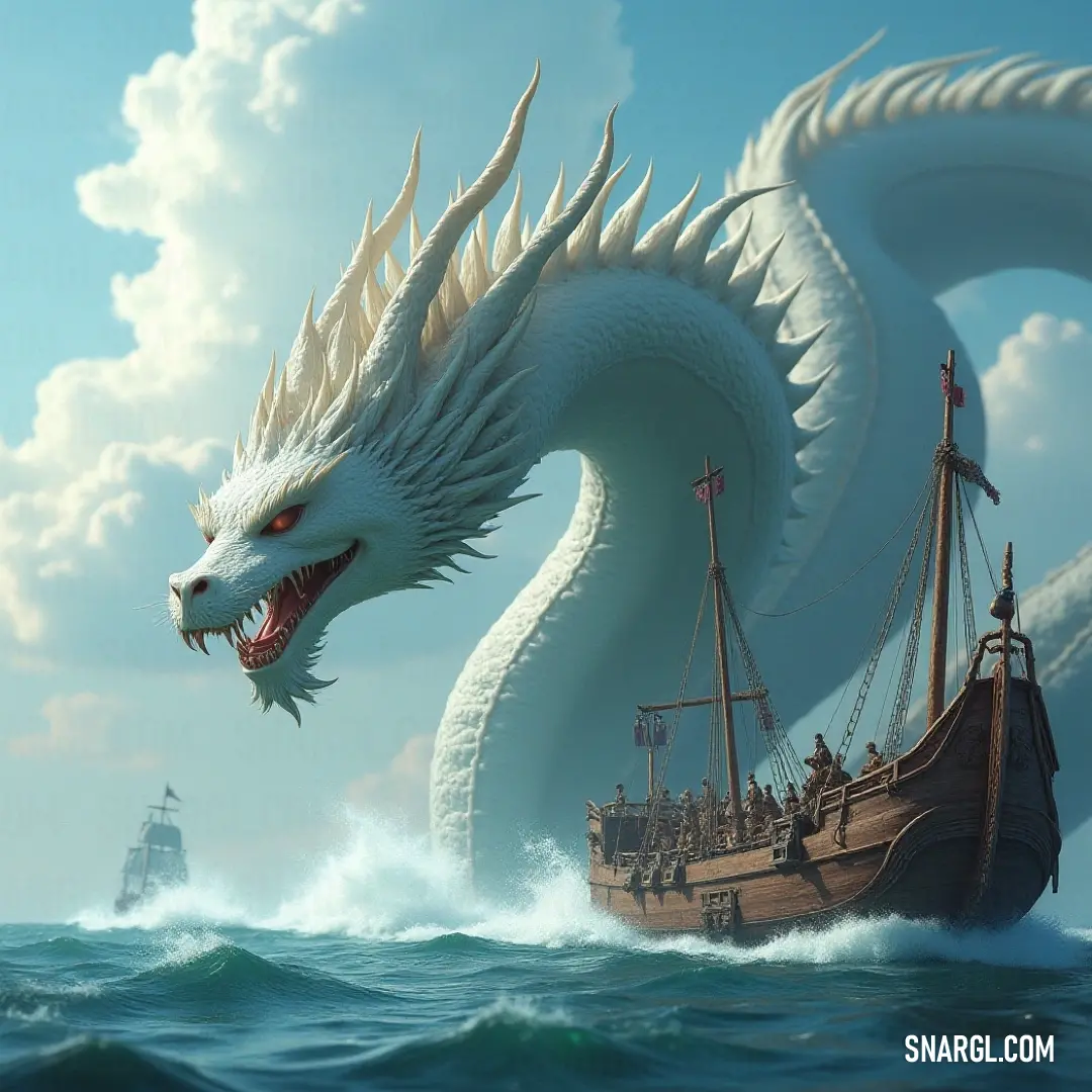 A White Oceanic Hydra assaults a boat, its many heads attacking with ruthless precision while the ocean around them roils. A ferocious white Oceanic Hydra launches an attack on a boat, its multiple heads snarling as the water churns with fury beneath it.