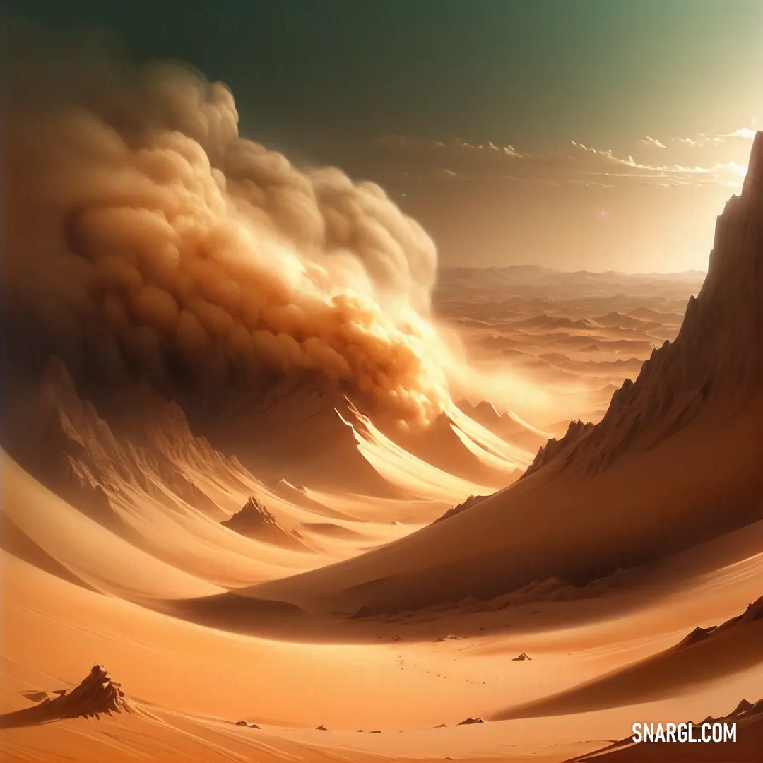Desert scene with a mountain and a sky filled with smoke and steam rising from the top of the mountain