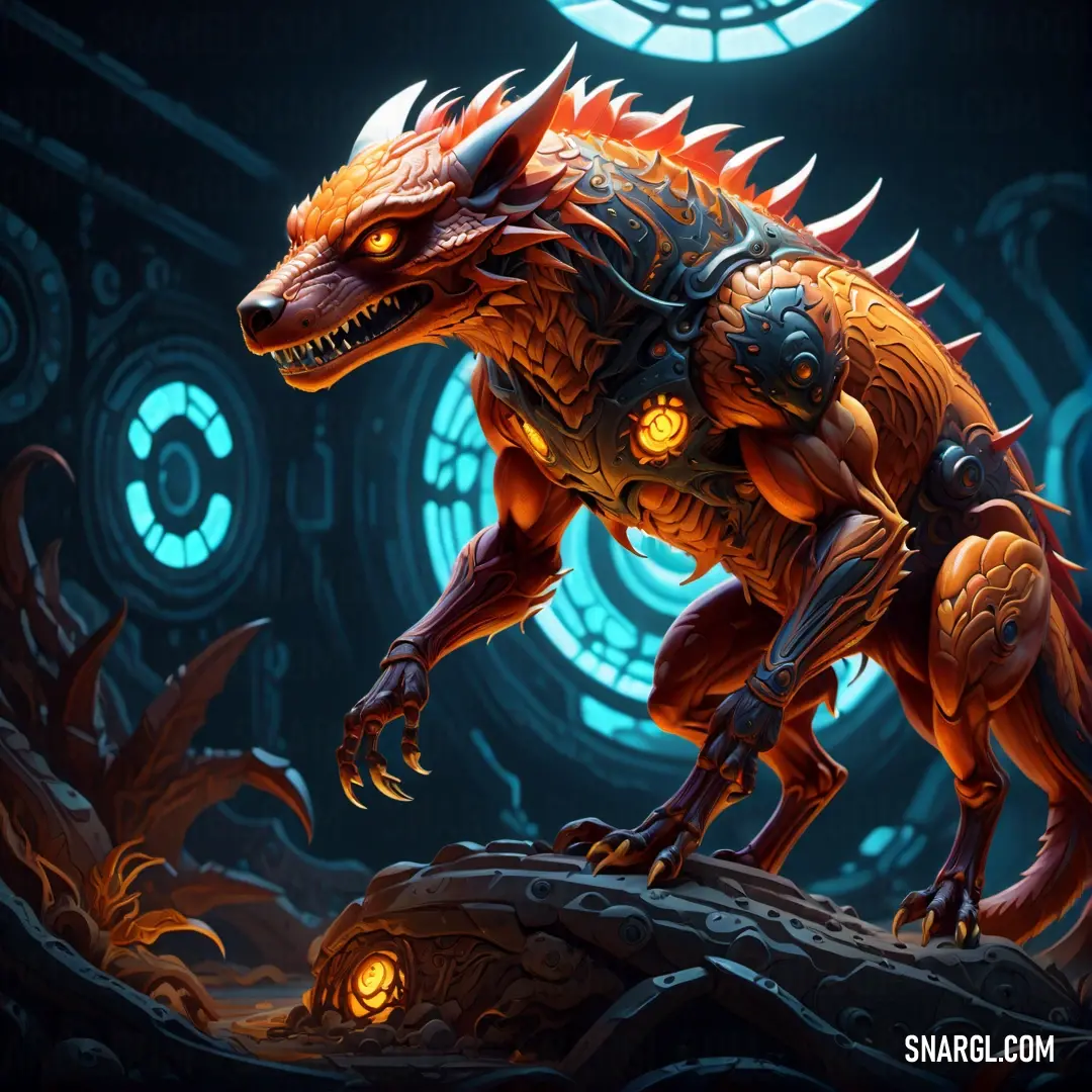 Dragon with glowing eyes and a glowing tail is standing on a rock in front of a circular window