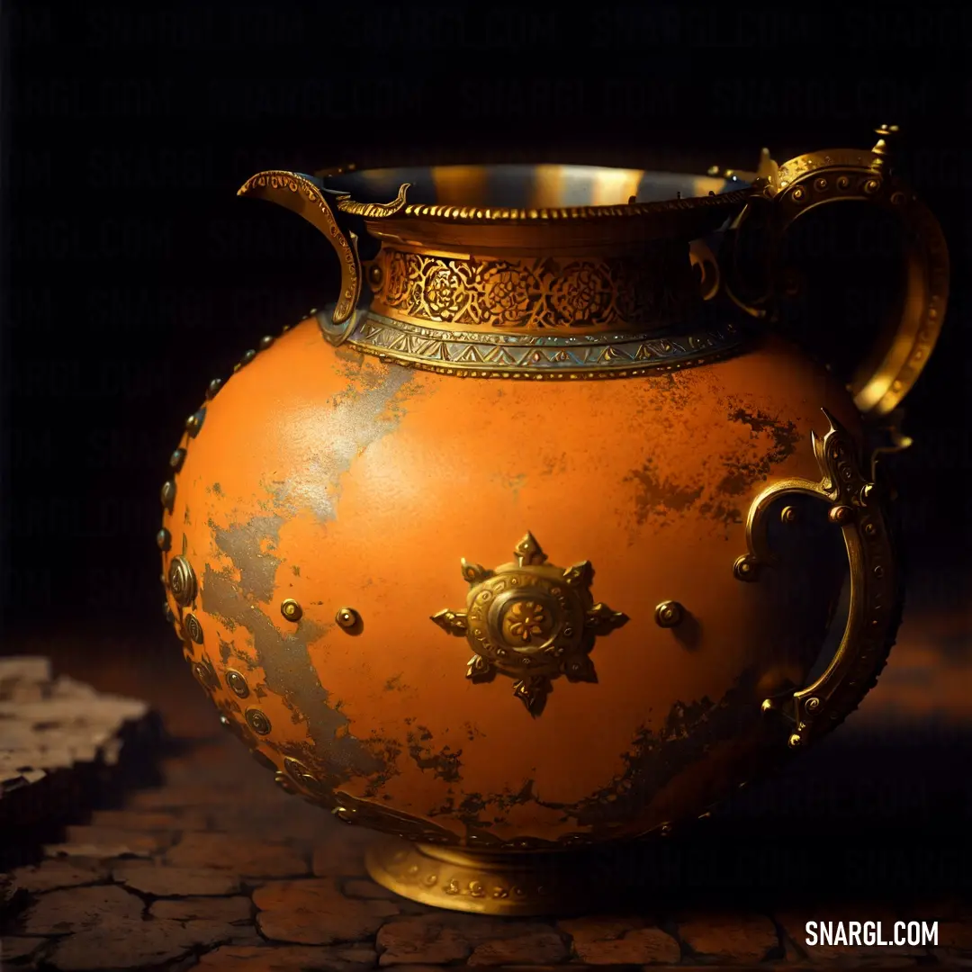 Large orange vase with a gold decoration on it's side on a stone floor with a black background