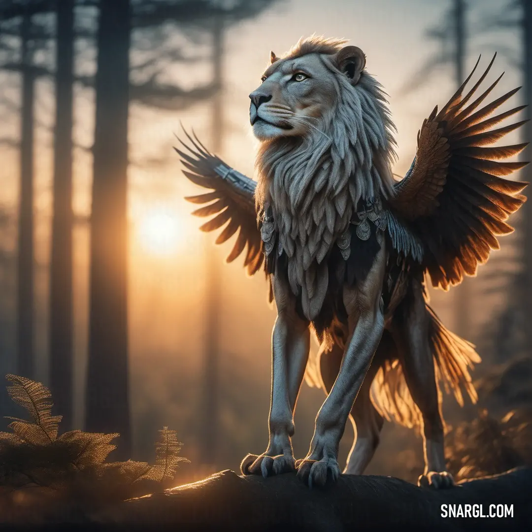 Lion statue standing on a rock in the woods with the sun shining through the trees behind it and a bird flying above it