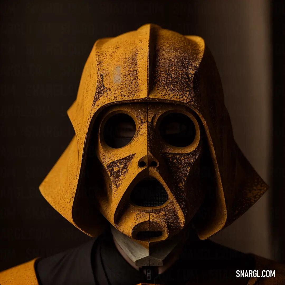 Man in a yellow mask with a black shirt and tie on his head