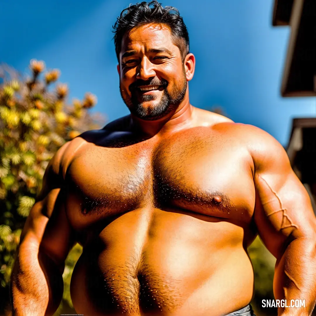 Man with a hairy body and no shirt on posing for a picture with his hands on his hips
