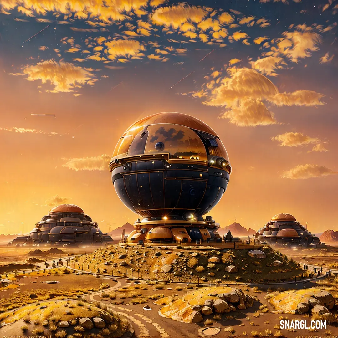 Painting of a futuristic city with a giant sphere in the middle of the desert with a sky background