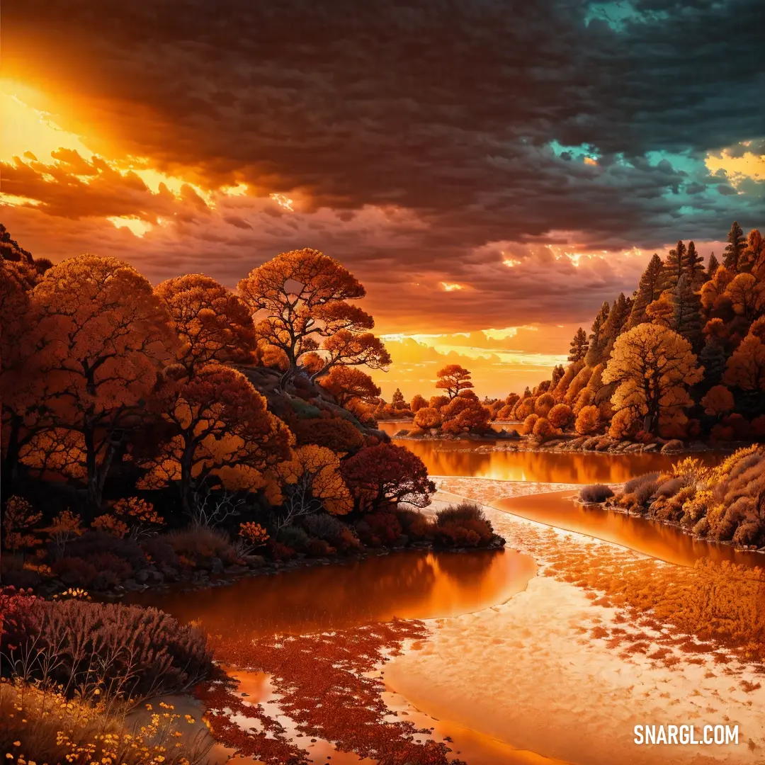 Painting of a river with trees and bushes in the background at sunset or dawn with a cloudy sky