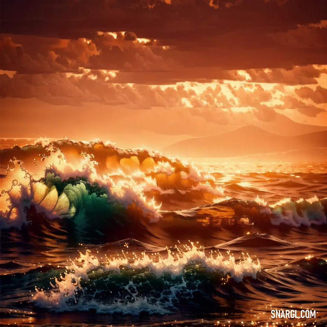 Painting of a sunset over a large wave in the ocean with a mountain in the distance