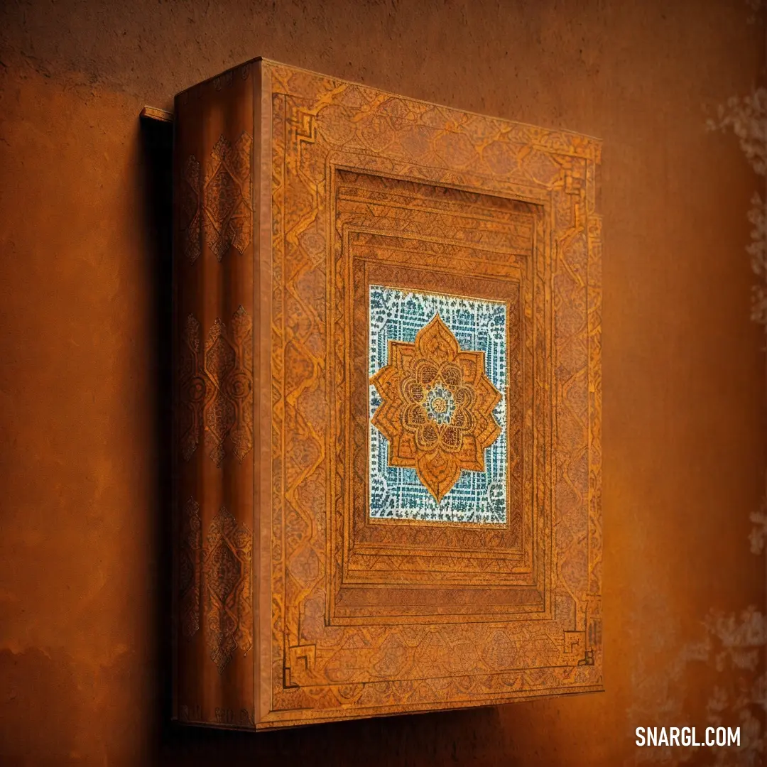 Ochre color example: Picture frame with a picture of a flower on it hanging on a wall in a room