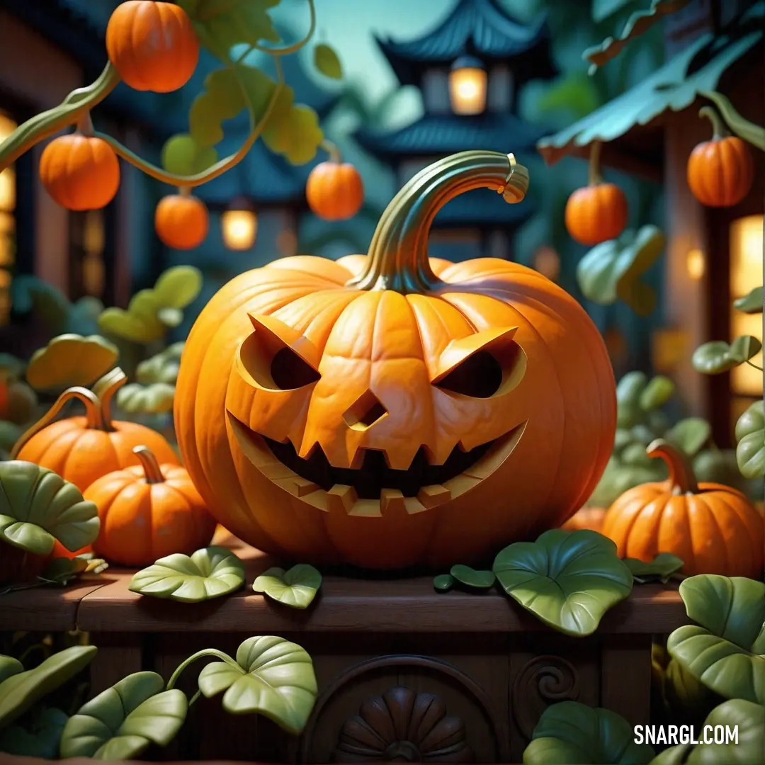 Pumpkin with a carved face on a ledge in a garden with pumpkins around it and a house in the background. Color Ochre.