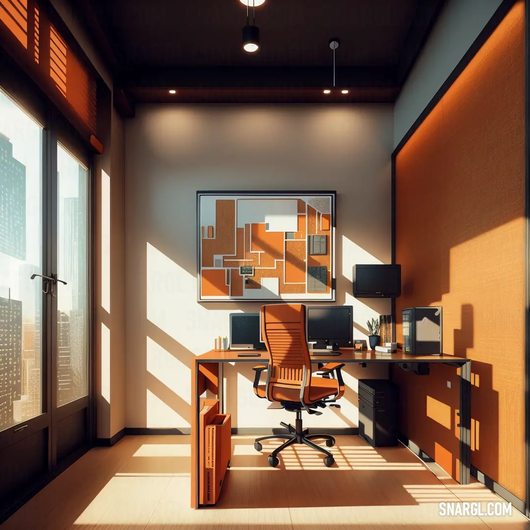 Room with a desk and a chair in it with a window and a view of the city outside. Color Ochre.