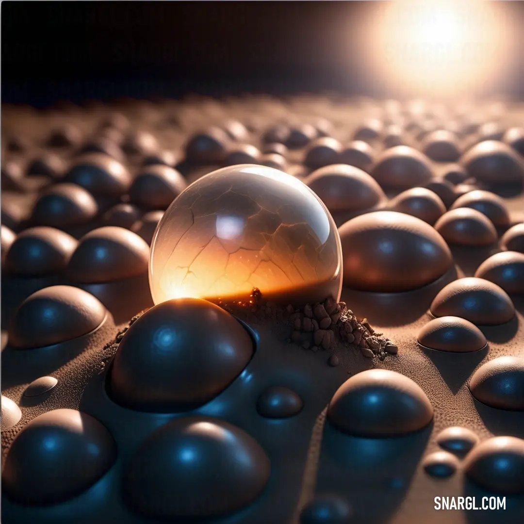 Sphere with a light shining on it surrounded by water droplets and pebbles on a sandy surface with a bright sun in the background