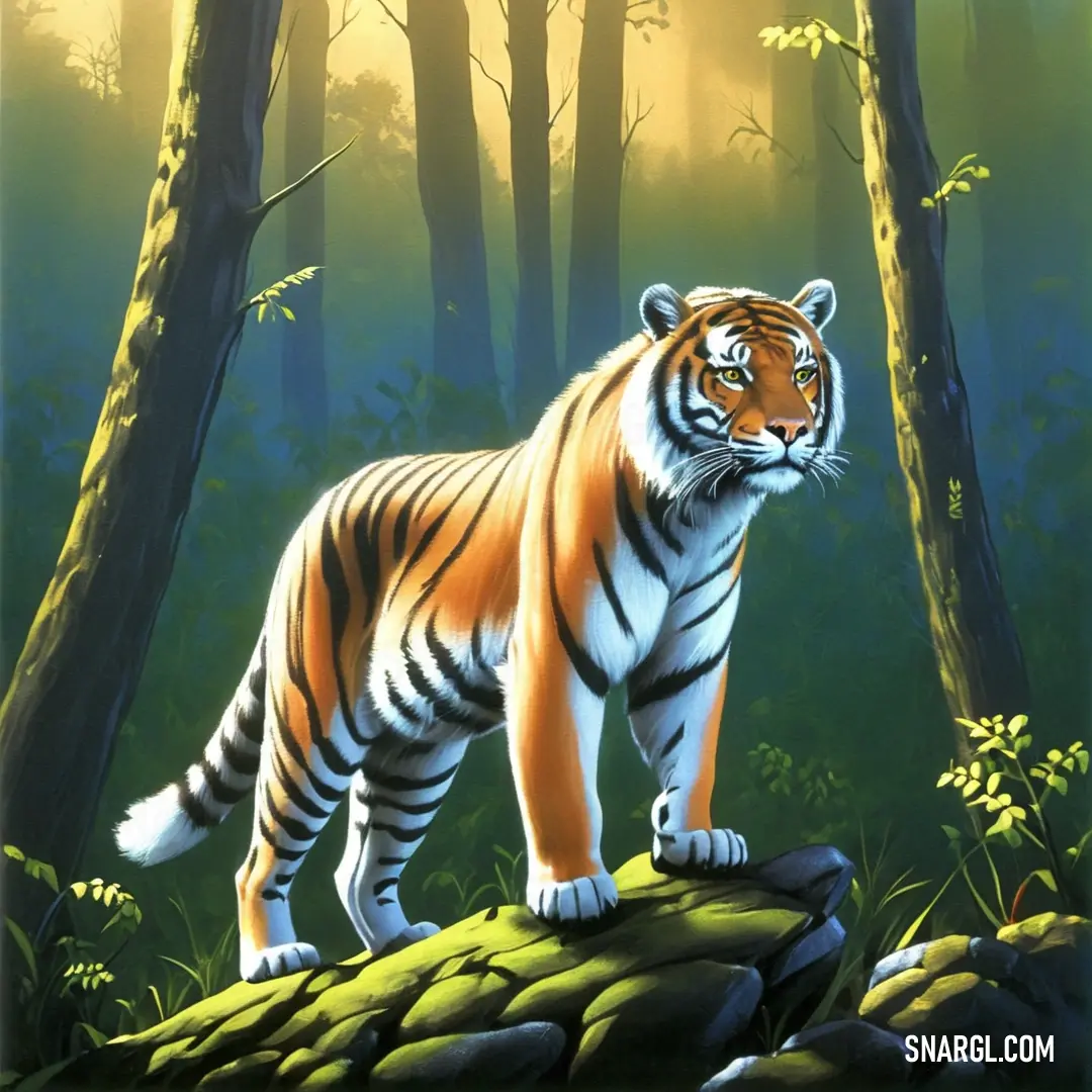 Tiger standing on a rock in a forest with trees and rocks in the foreground and a sunbeam in the background. Example of #CC7722 color.