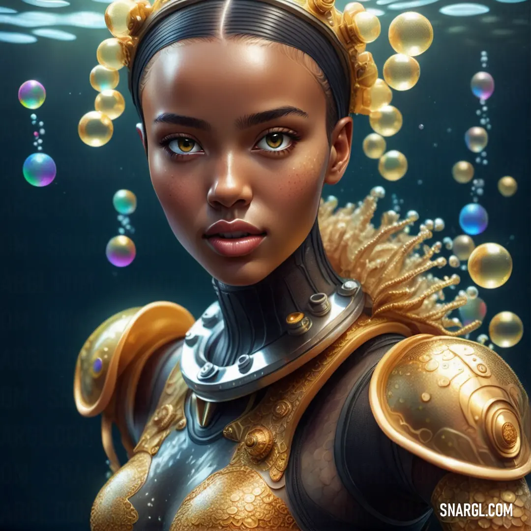 Woman in a gold and black outfit with bubbles floating around her head and shoulders. Example of #CC7722 color.