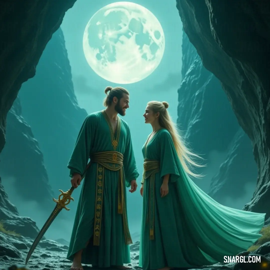 A courageous individual and a divine figure stand in a cave, each holding swords, illuminated by a full moon creating a mystical atmosphere. Within the clandestine confines of a cave, a valiant man stands resolute beside a godly figure, both wielding swords while a luminescent full moon bathes them in ethereal light, hinting at their legendary origins.