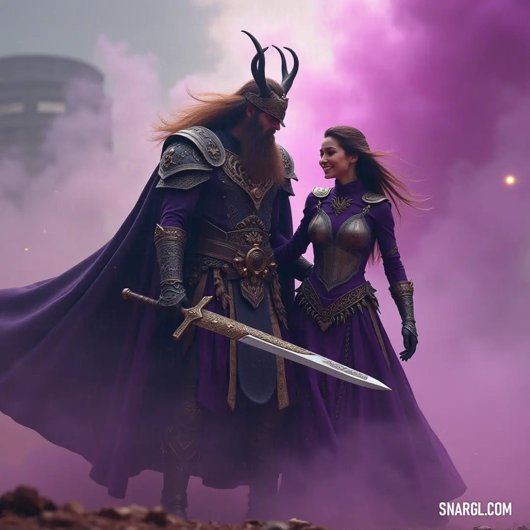 Amidst a powerful setting, a figure in a majestic purple attire stands alongside a companion dressed in a horned costume, both prepared for an epic clash, their swords glinting in the light of impending adventure.