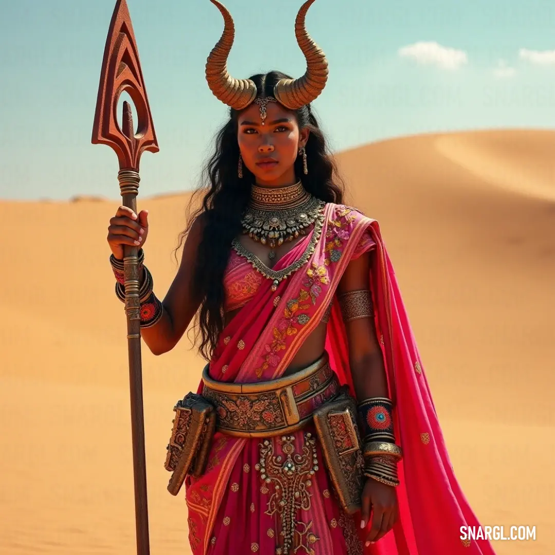 A commanding figure garbed in a vivid red ensemble stands tall, brandishing a spear and wearing a distinct horned headdress, positioned in a sunlit desert where vast skies extend endlessly.