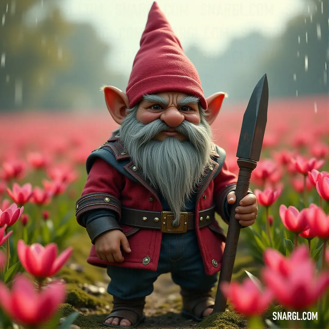 A brave gnome stands tall in a lush flower field, clutching a gleaming knife in one hand. His bright red jacket stands out against the gentle rain as he looks toward the horizon, ready to face whatever comes his way in this magical setting.