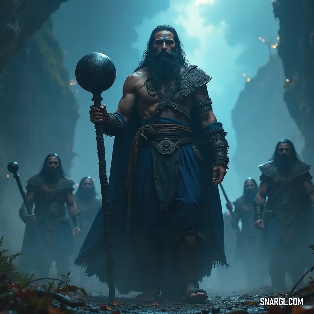 In a cave rich with intrigue, Oedipus, distinguished by his long beard, stands amidst several figures. He holds a staff, a symbol of authority, while the atmosphere reminds of tales yet to be revealed, underscoring his leadership.