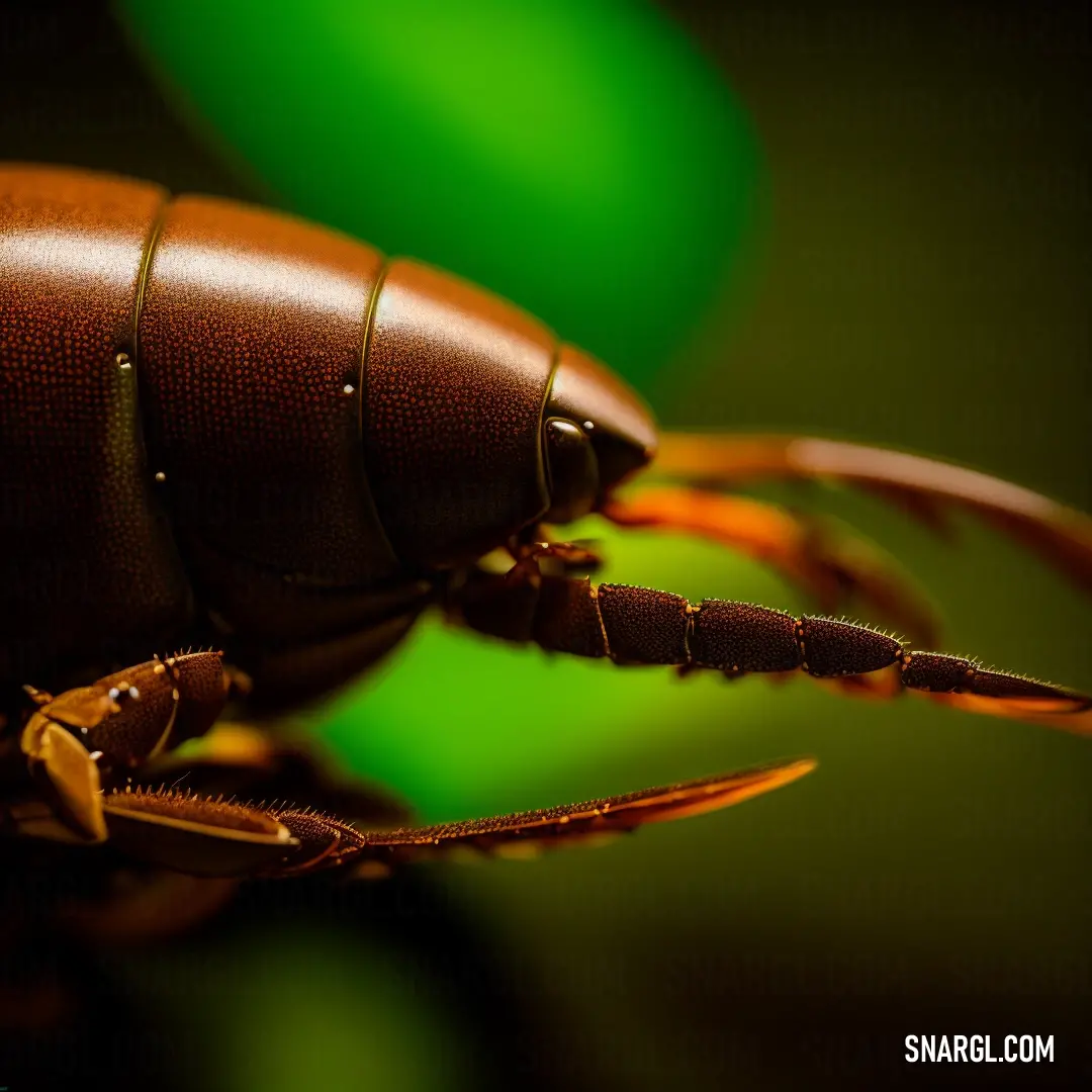 Close up of a bug on a green background with a blurry background behind it