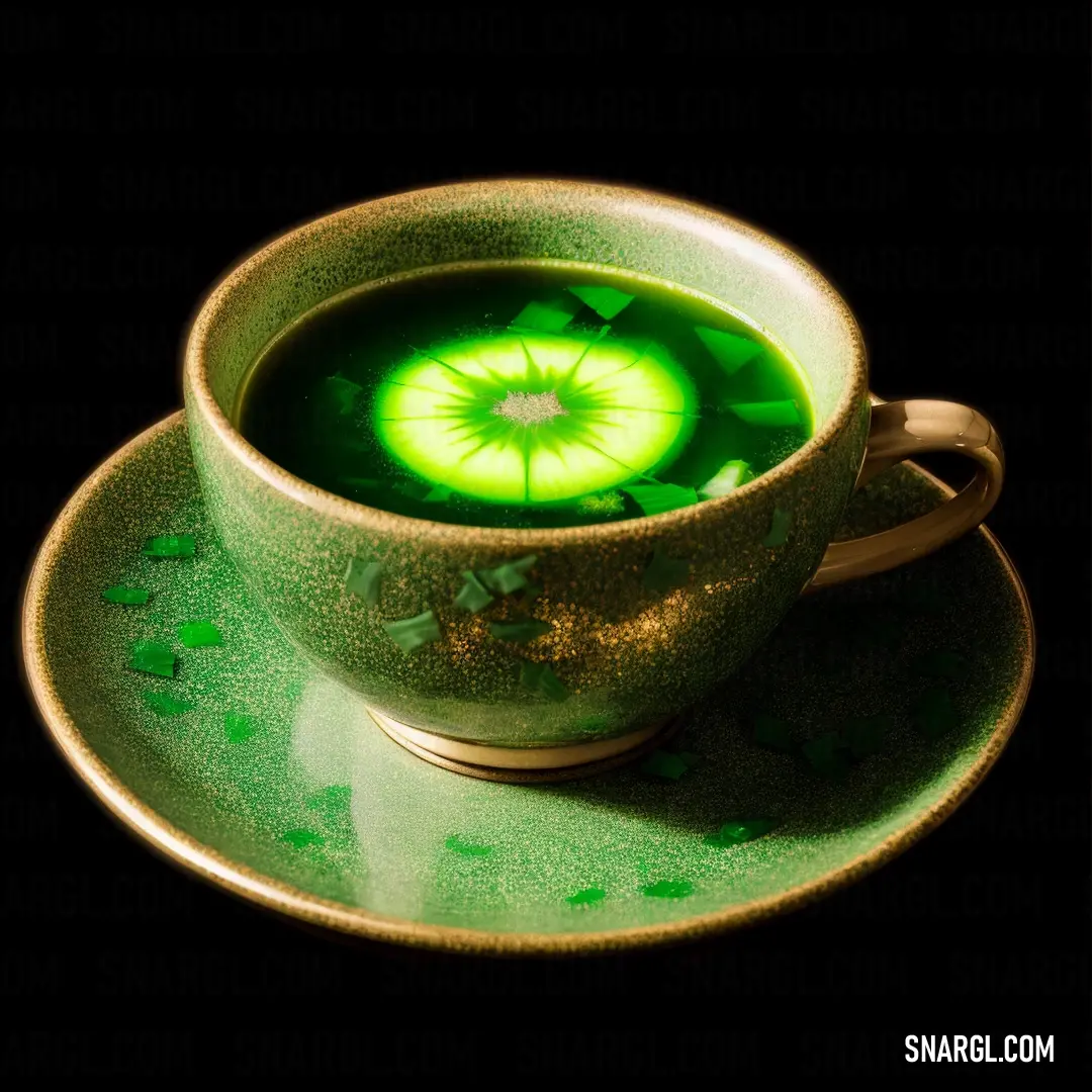 Cup of green liquid with a green eyeball in it on a saucer with a black background