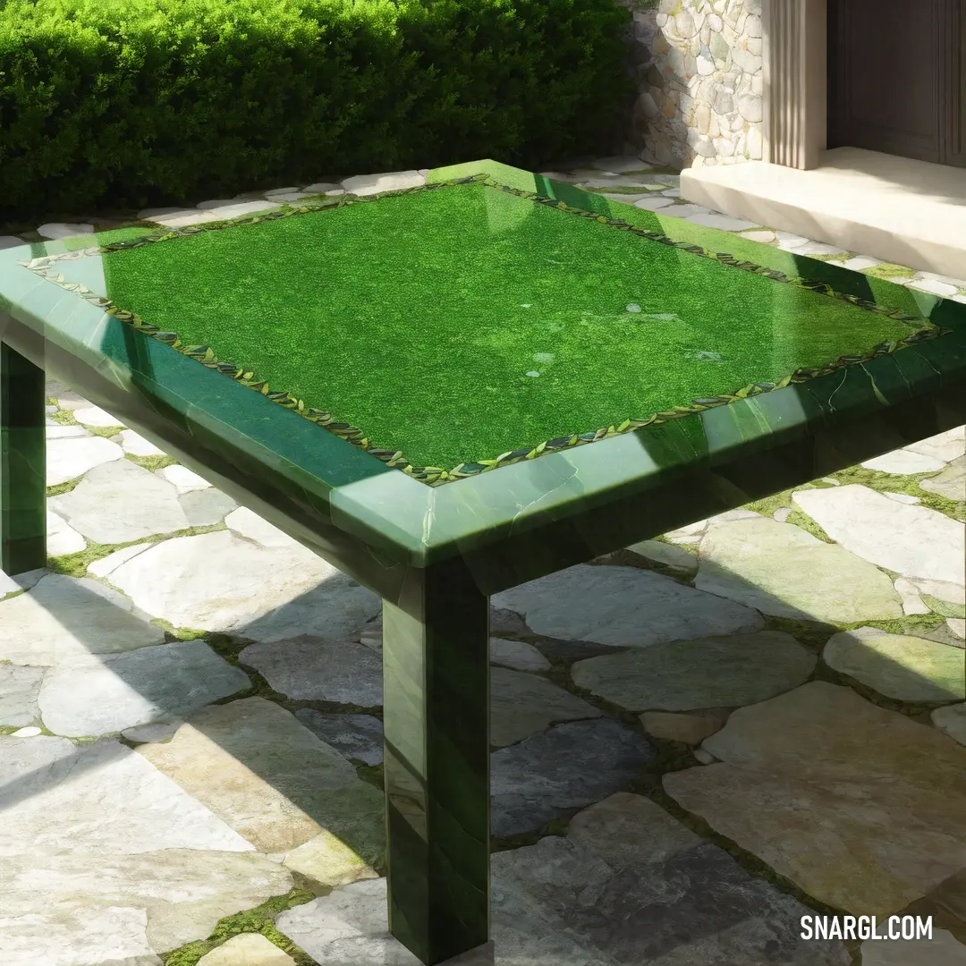 Glass table with a green top on a stone patio area with a green lawn and bushes in the background. Example of CMYK 100,0,100,50 color.