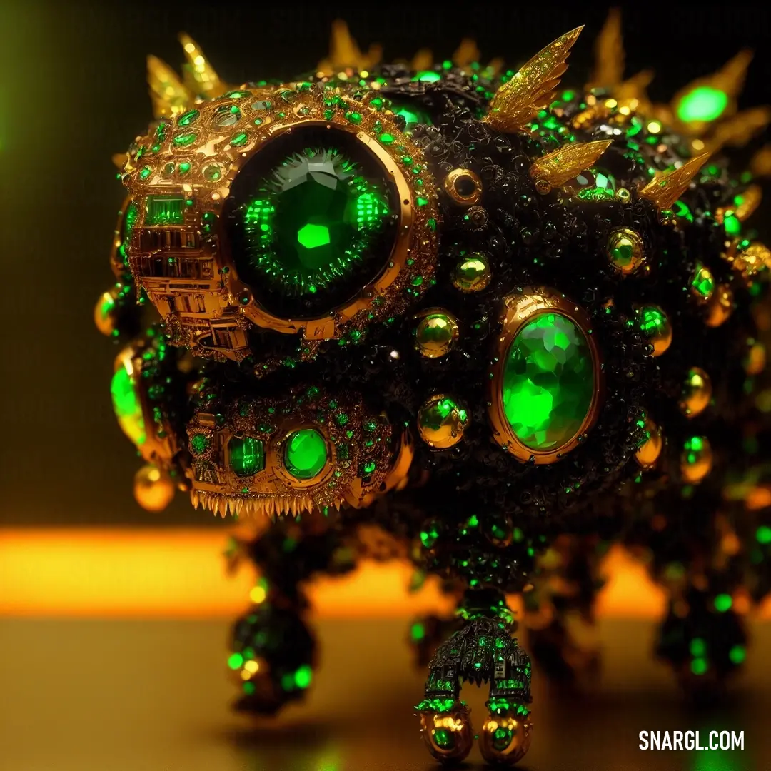 Green and black animal made of jewels and jewelstones on a table with a green light behind it