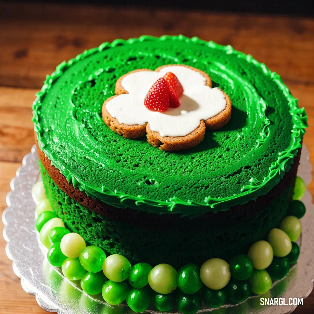 Green cake with a strawberry on top of it on a plate on a table with green and white beads