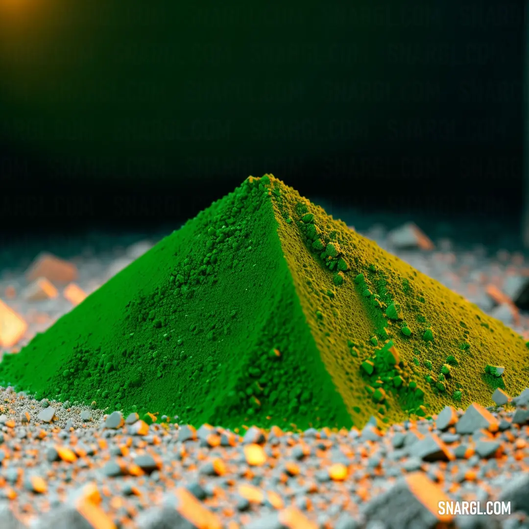 Green mound of dirt on top of a pile of rocks and gravel next to a light bulb