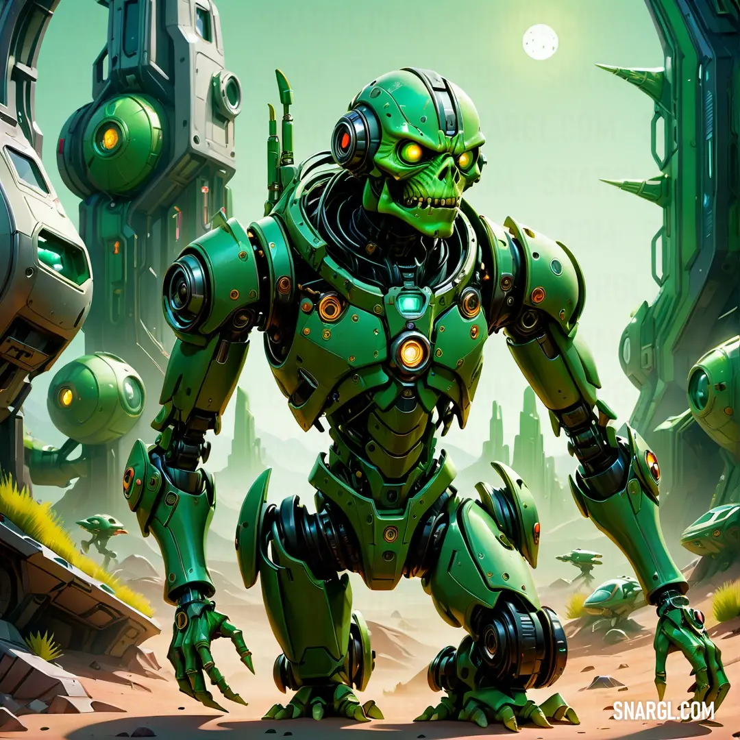 Green robot standing in a desert area with a green alien like creature in the background. Example of RGB 0,128,0 color.