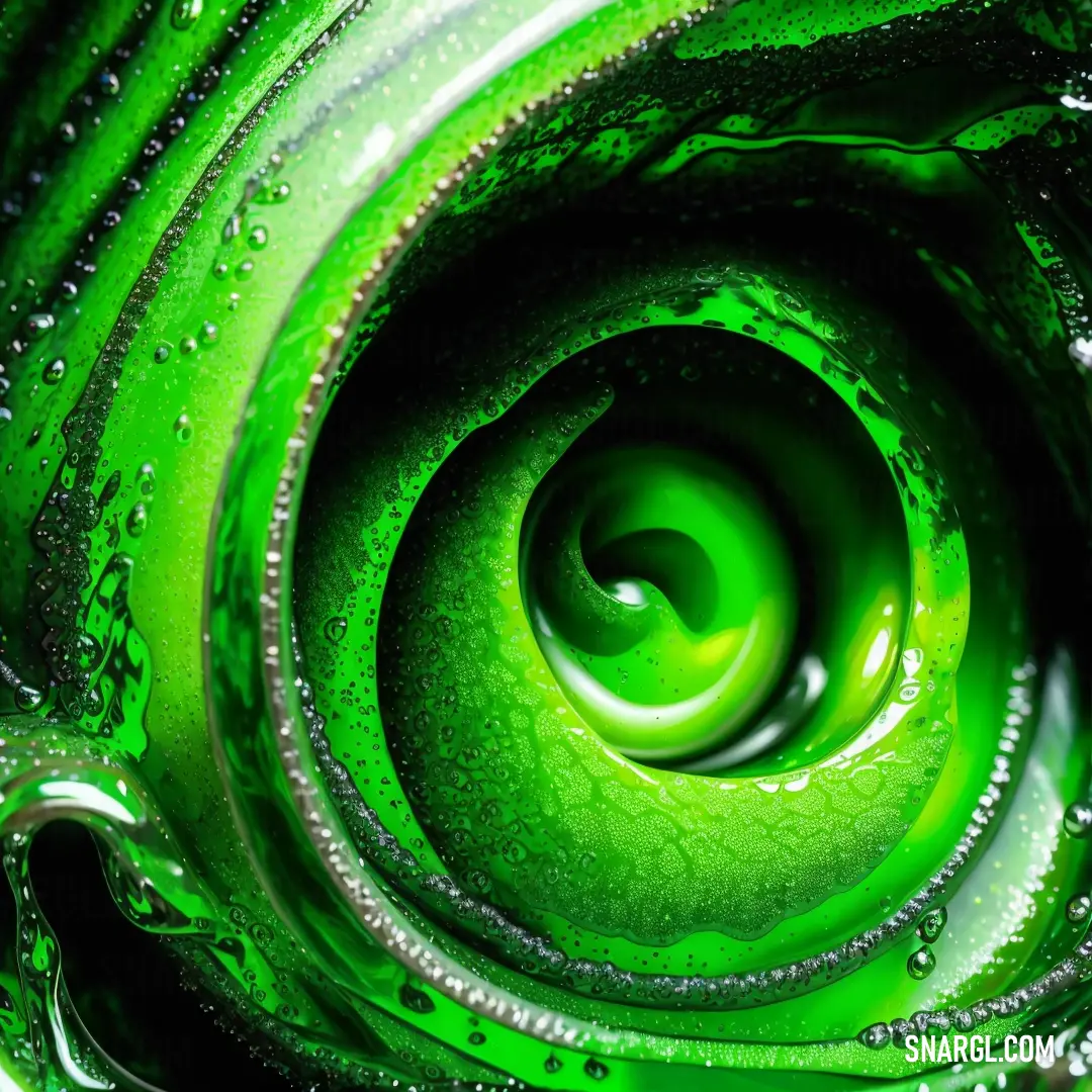 Green swirl with water droplets on it's surface and a green background