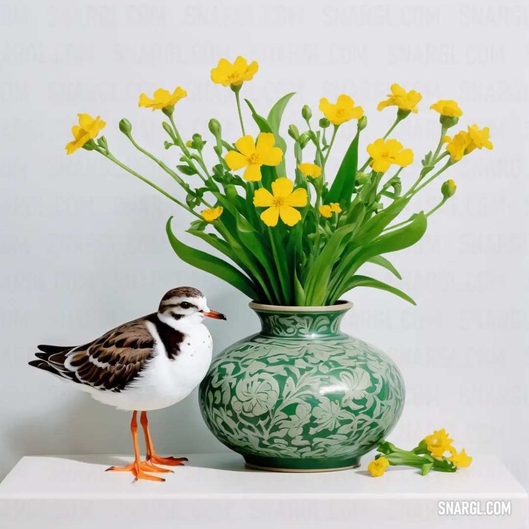 Bird standing next to a vase with flowers in it on a shelf next to a vase. Color RGB 0,128,0.