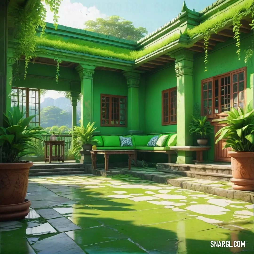 Green house with a green couch and potted plants in front of it. Example of RGB 0,128,0 color.