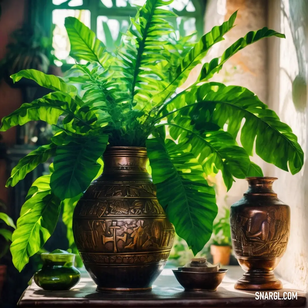 Plant in a vase on a table with other plants in the background. Color CMYK 100,0,100,50.