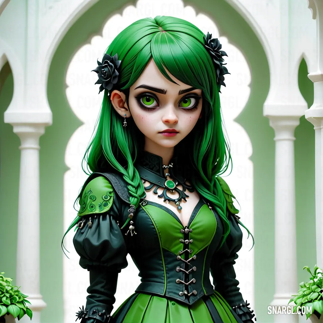 Woman with green hair and green eyes wearing a green dress and green gloves and holding a green purse. Example of #008000 color.