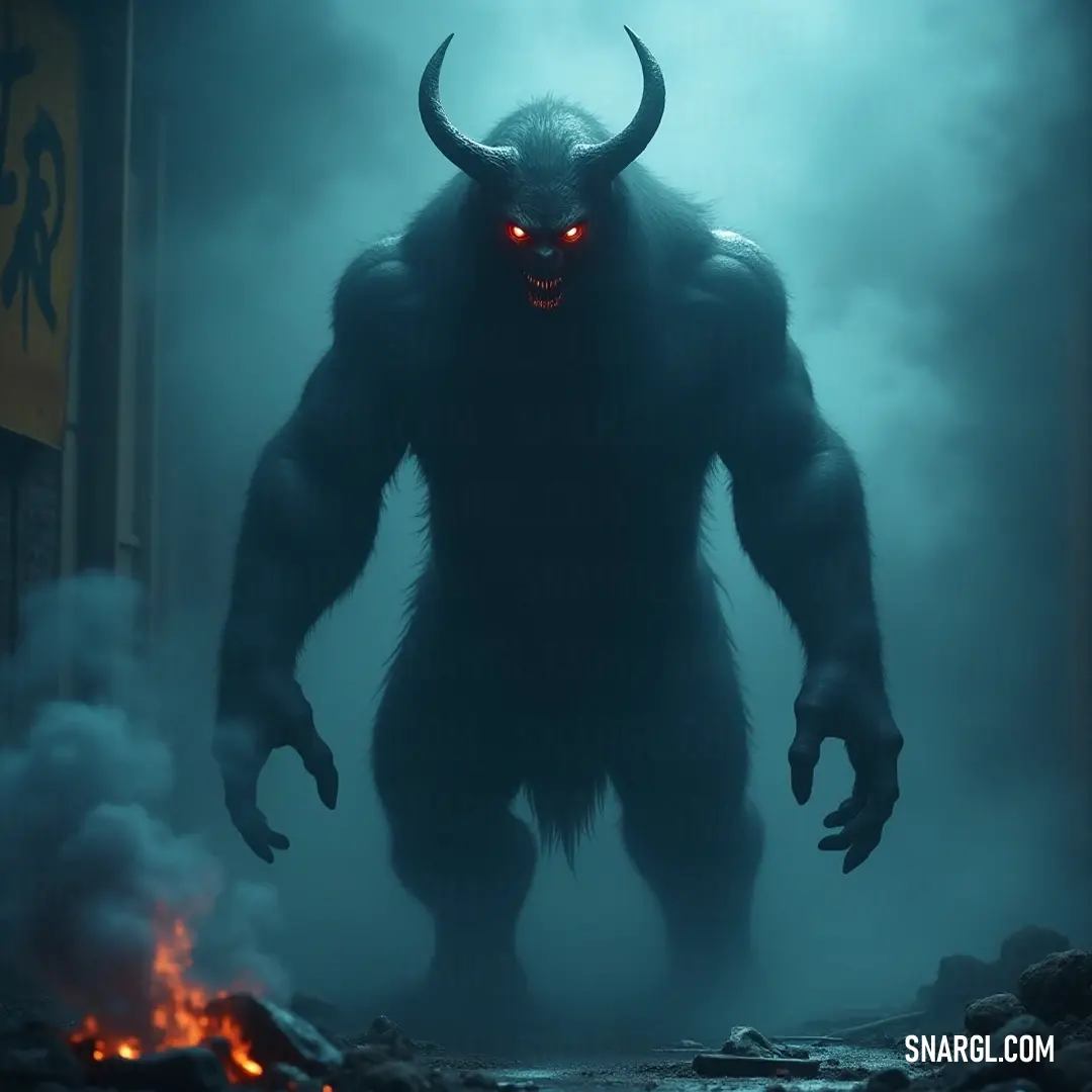 Fearsome Ogre Champion with glowing eyes amidst fog and fire. In a foggy haze, the fearsome Ogre Champion stands with glowing eyes and formidable horns, caught between shadows and flames that illuminate its fearsome demeanor and raw power.