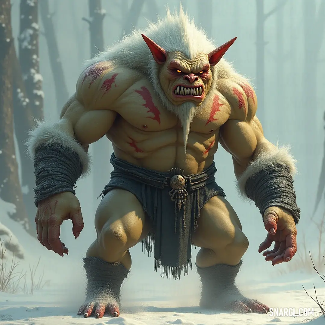 Ancient Ogre Sorcerer in a Snow-Cloaked Forest In a wintery forest, the imposing figure of an Ogre Sorcerer emerges, featuring a lengthy beard and a horned face, standing amidst snow-covered trees, exuding an ancient power that commands the surrounding frosty silence.