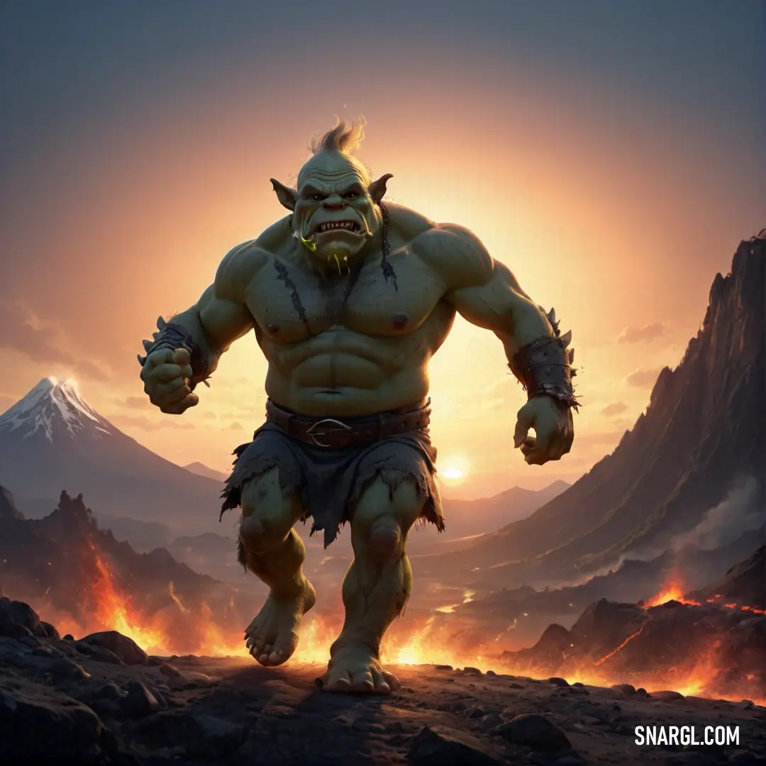 Ogre is walking through a rocky area with a mountain in the background