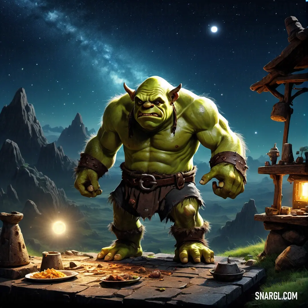 Ogre standing on a platform in front of a mountain landscape with a lantern