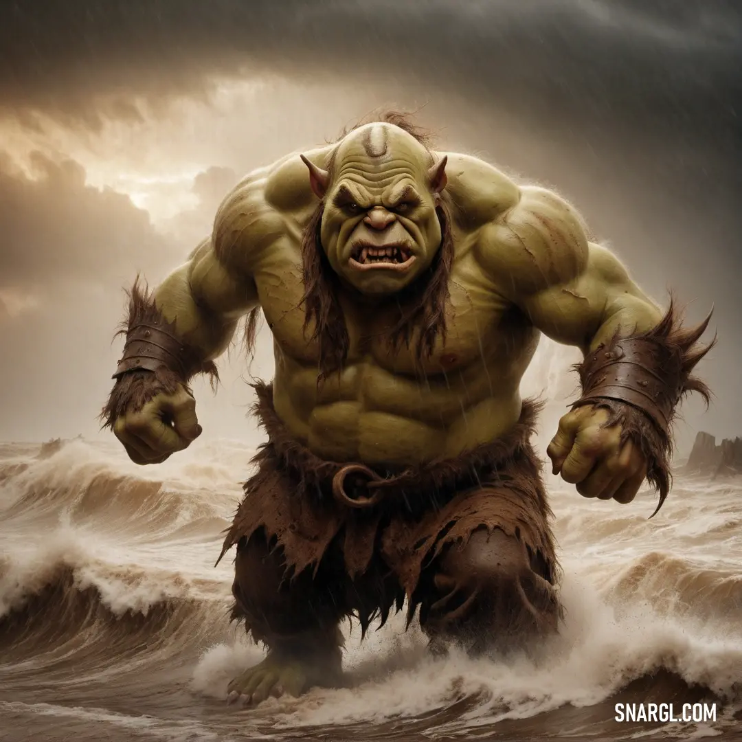 Giant troll standing in the middle of a body of water with a huge head and claws on his body