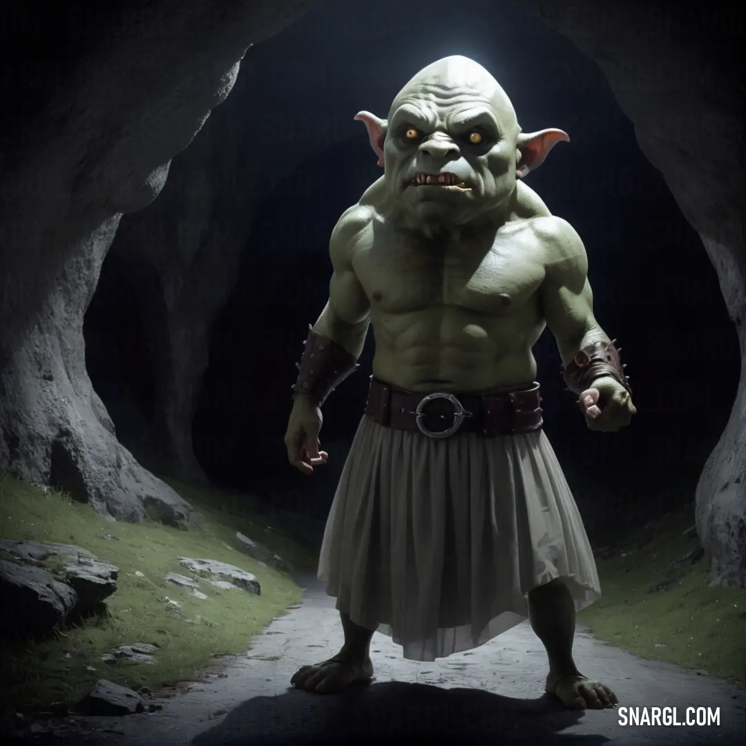 Ogre dressed as a troll in a cave with a light on his face and a belt around his waist
