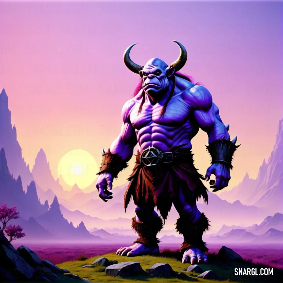 Painting of a horned male Ogre standing on a hill with a sunset in the background and mountains in the foreground