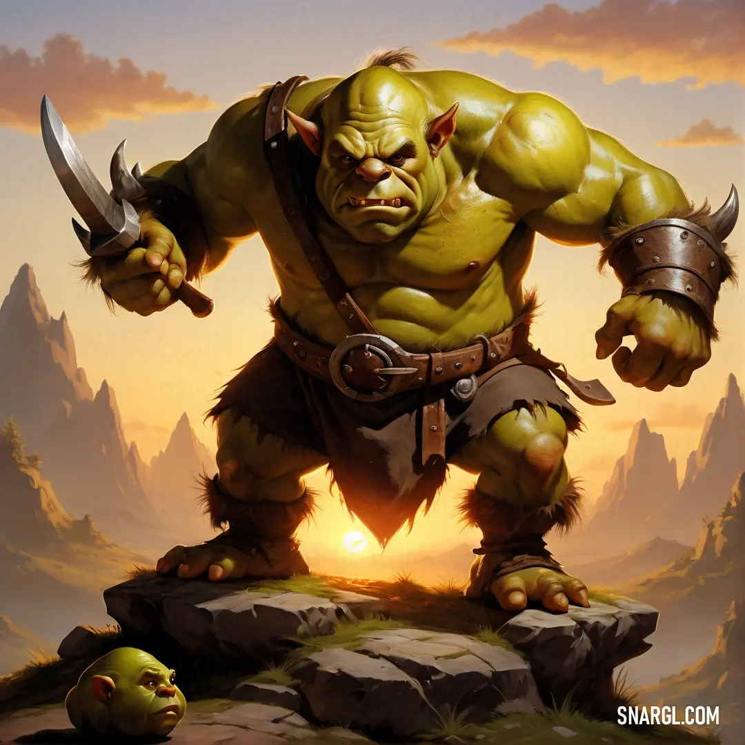 Painting of a troll with a sword and a frog on a rock in front of a mountain range