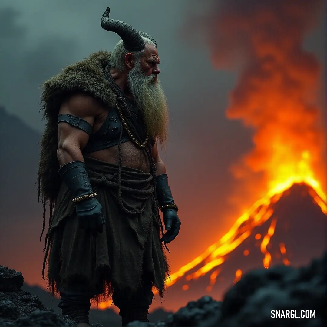 A fierce-looking creature named Oin, adorned with a majestic horned head and a flowing beard, stands defiantly against the backdrop of an erupting volcano, with molten lava cascading down its slopes, highlighting the volcanic fury behind him.