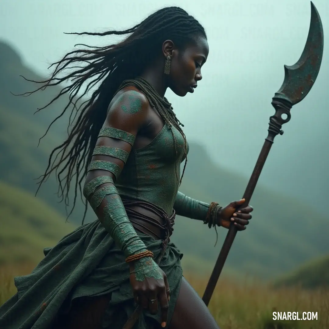 A man with dreadlocks grips a metal axe in a grassy field, with towering mountains in the background, radiating power and confidence. A man with dreadlocks stands in a vast field of grass, holding a large metal axe with a determined expression. The mountains in the distance add a sense of adventure and strength, making the scene feel both grounded and empowering.