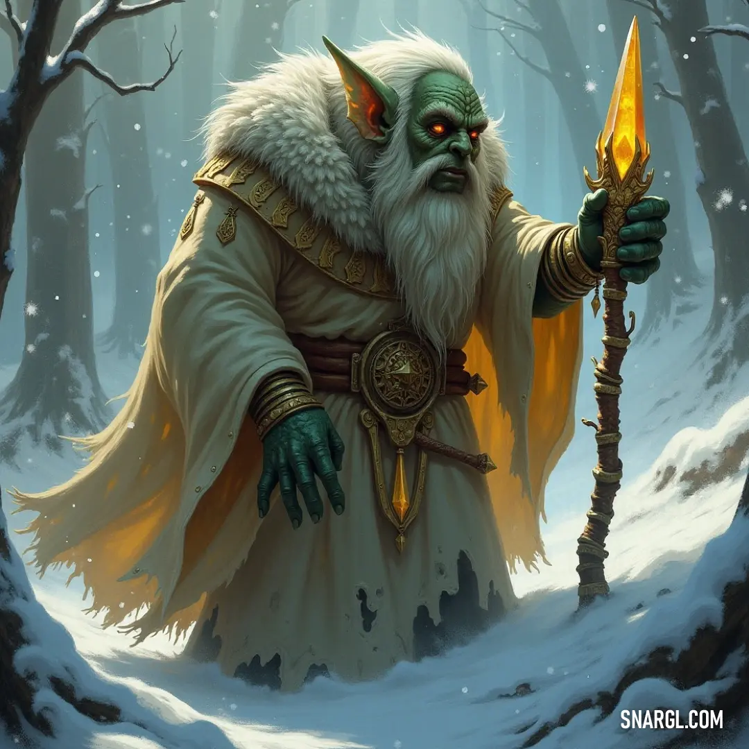 Majestic Wizard Standing in a Snowy Forest Wonderland An enchanting portrayal of a wizard, staff in hand, standing resolutely in a snow-laden forest. Trees heavy with snow form a whimsical backdrop, enhancing the atmosphere of magic and adventure that permeates the scene.